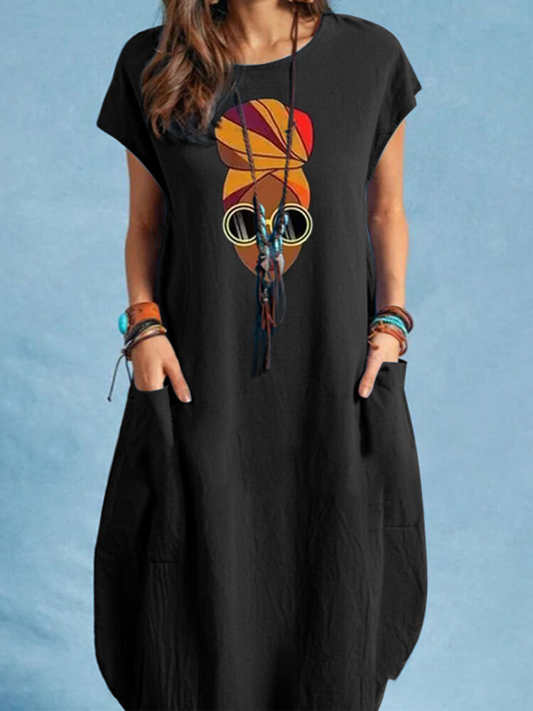 Portrait Print Pocket Short Sleeve Crew Neck Vintage Dress