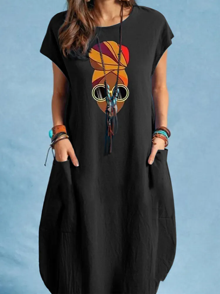 Portrait Print Pocket Short Sleeve Crew Neck Vintage Dress