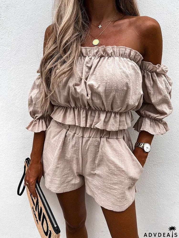 Unique Summer Off Shoulder Linen Shorts Suit