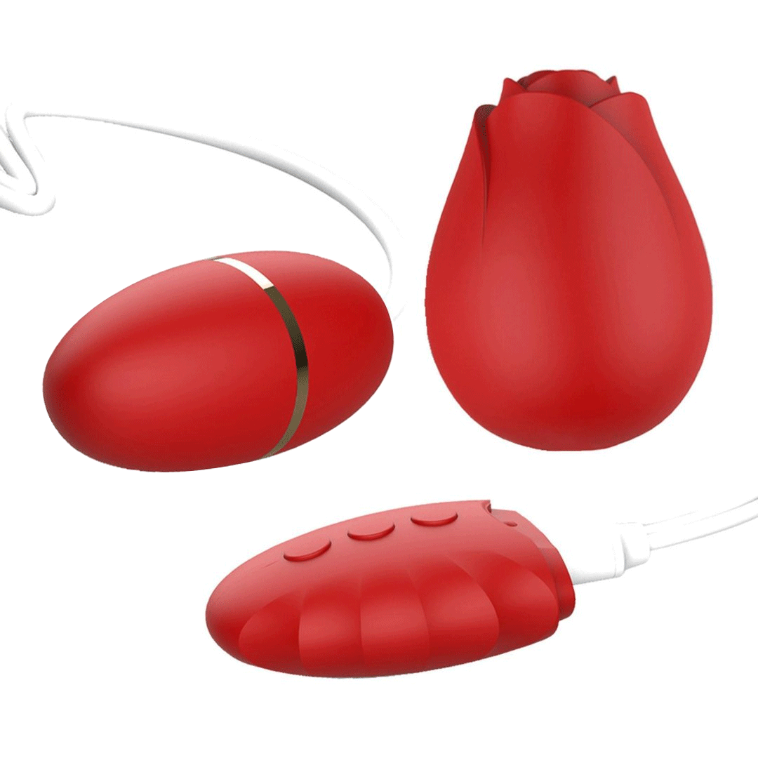 New Detachable Flower Head Rose Toy with Wired Remote Tongue Licking Stimulators & Vibrating Egg - Rose Toy