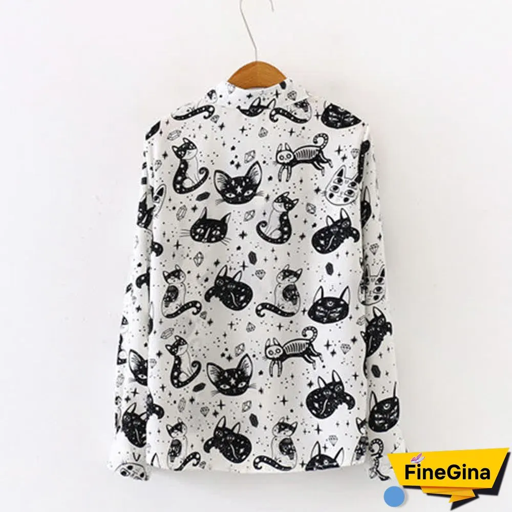 Kitty Print Long Sleeve Lapel Chiffon Shirt