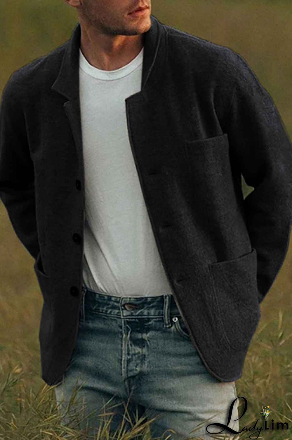 Khaki Fashion Casual Solid Pocket Buckle Turndown Collar Outerwear