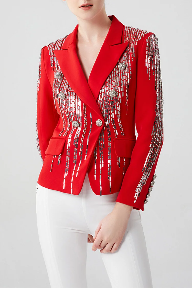 Peaked Lapel Double Breasted Beaded Sequin Blazer-Red