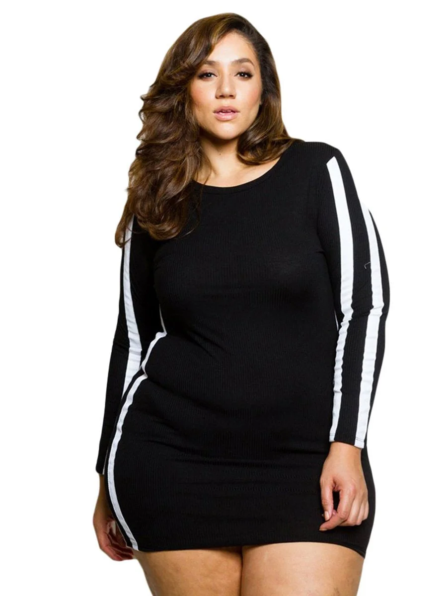 Plus Size Dress O Neck Long Sleeve Sporty Style Mini Dress