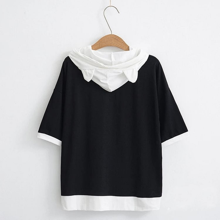 Best Kawaii - Kitty Black White Colorblock Hooded T-shirt