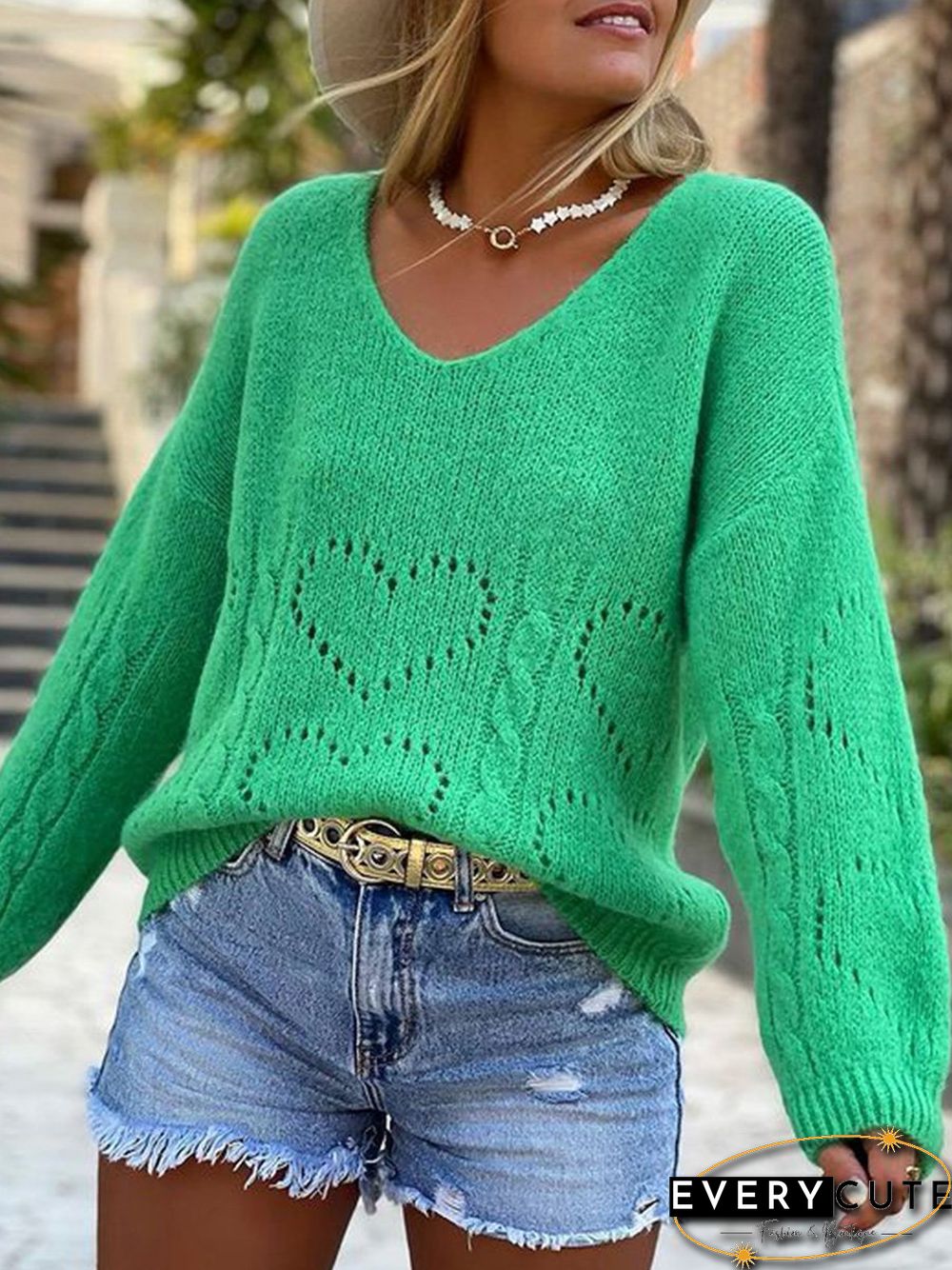 Plain Casual V neck Green Sweater