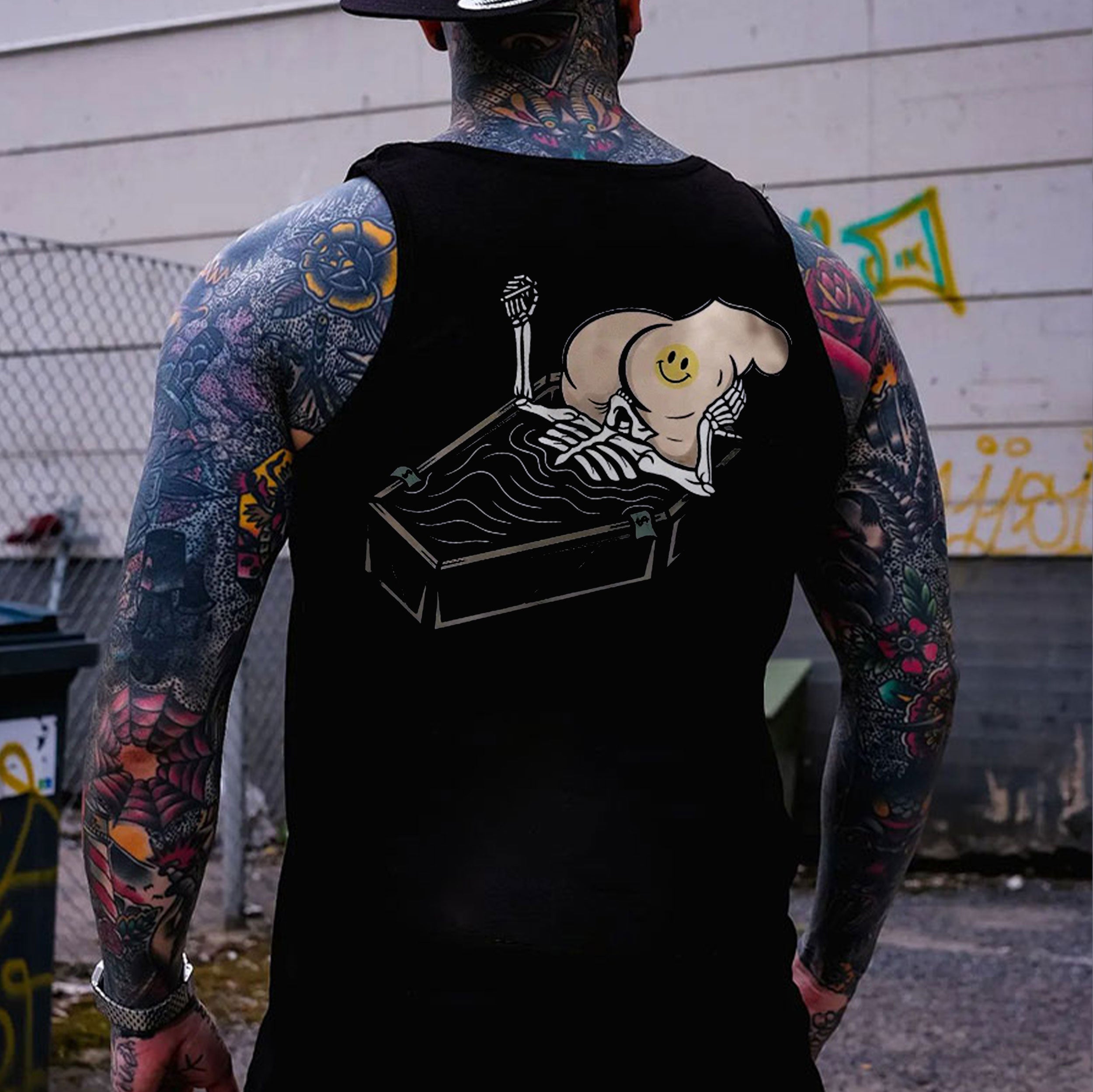 Skull Eat the Naked Ass in the Coffin Black Print Vest