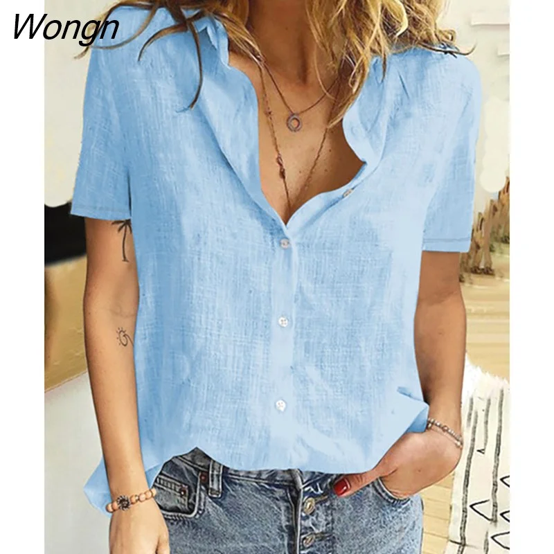 Wongn Summer Short Sleeve Birds Print Loose Shirts Women Elegant Retro Cotton and Linen Blouses and Tops Oversized Tunic