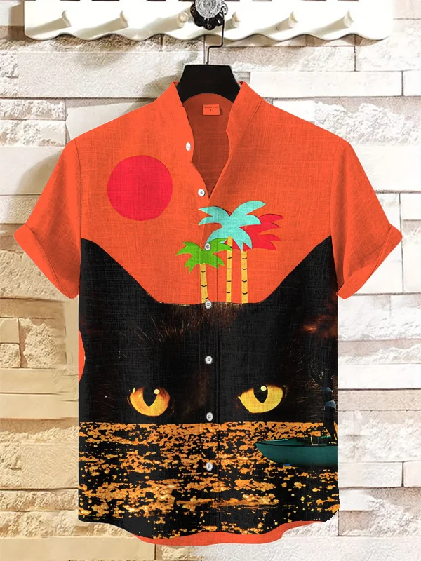 Men's Vacation Tropical Tree Cat Sunset Art Print Shirt
