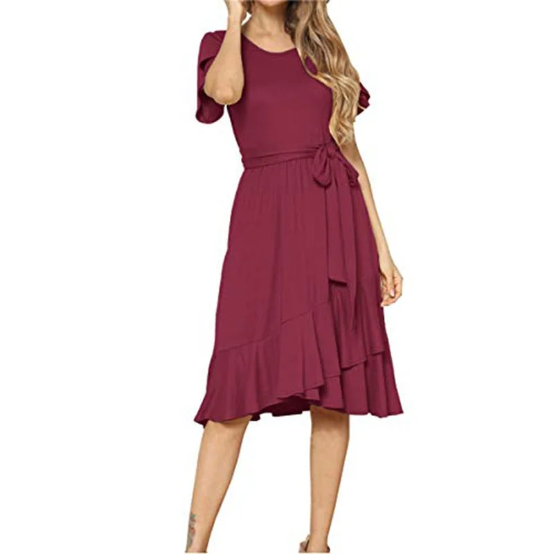 Belt Slim Round Neck Short Sleeve Long Skirt | EGEMISS