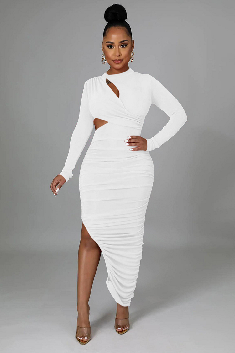 Solid Color Long Sleeve Cutout Ruched Bodycon Slit Maxi Dresses-Red