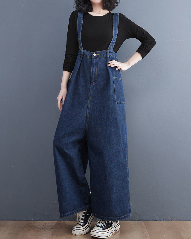 Adjustable Shoulder Strap Wide Leg Denim Jumpsuit