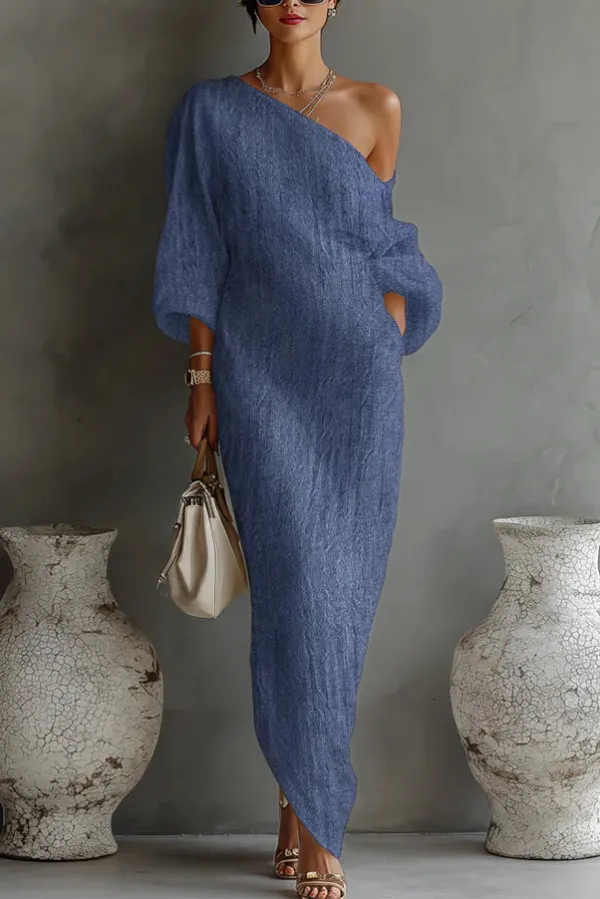 Linen Blend Loose-fitting Slanted Neck Lantern Sleeve Casual Maxi Dress