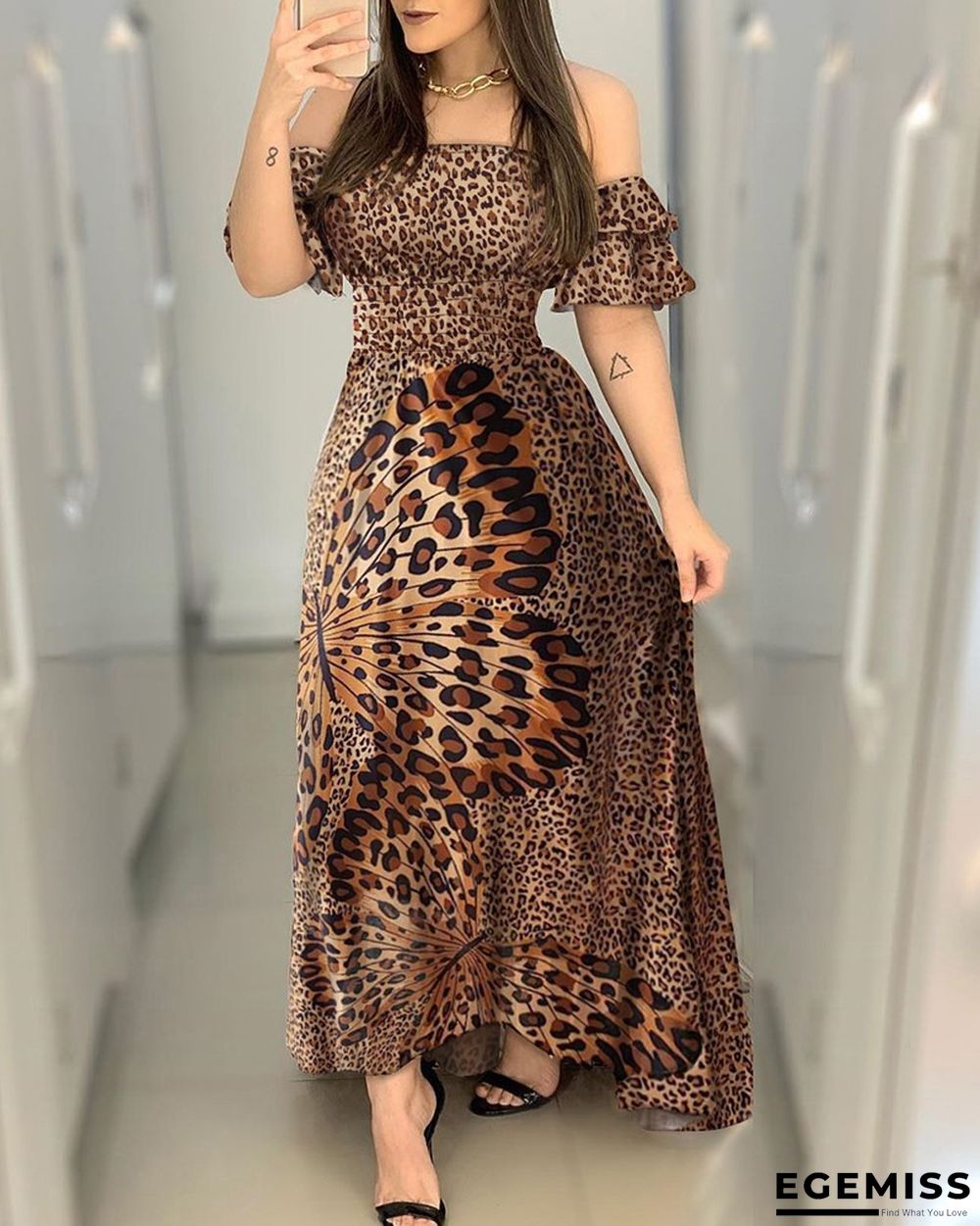 Butterfly Print Dress Leopard Print Off Shoulder Girdle Waist Big Swing Evening Dress Lotus Leaf Sleeve Long Skirt | EGEMISS