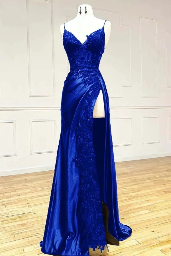 Black fashion classy sexy V-neck exquisite lace spaetti straps side slits long satin prom dress evening dress party dress