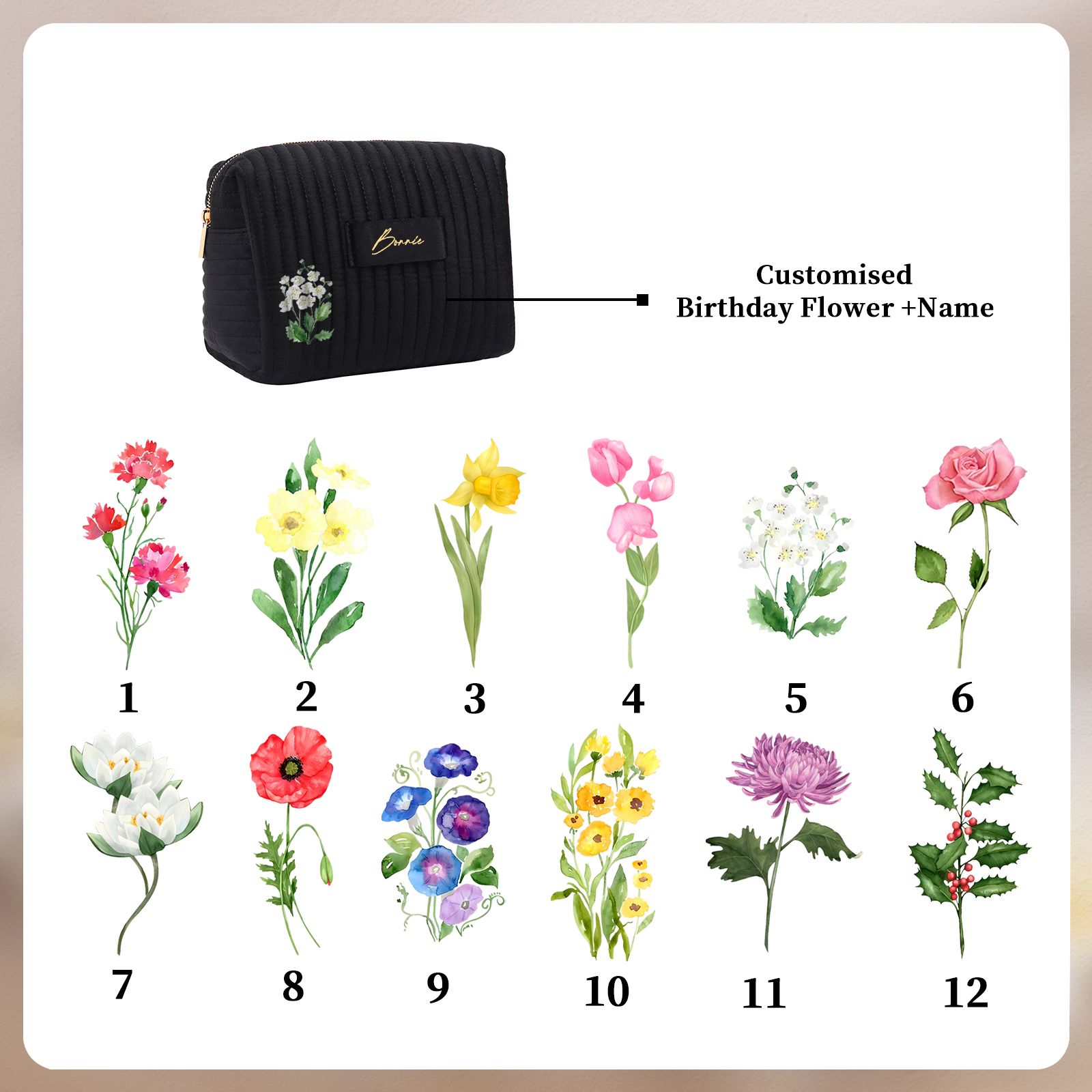 Borsa portabile per cosmetici in velluto per donna 1 nome e 1 fiore di nascita personalizzato multicolori da scegliere