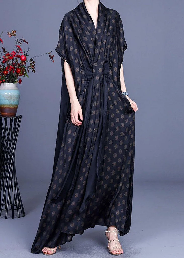 Plus Size Black Print V Neck asymmetrical design Chiffon Vacation Dresses 