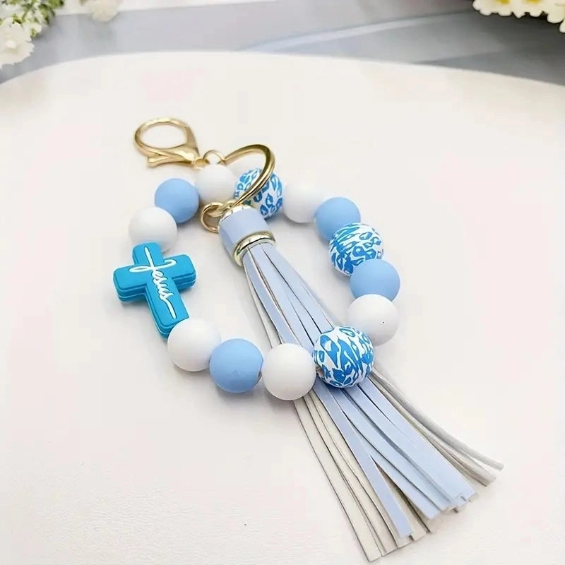 Casual Classic Style Cross Tassel Alloy Wooden Beads Silica Gel Beaded Keychain