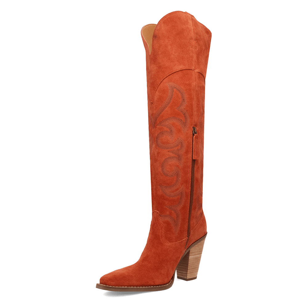 Faux Suede Pointed Toe Chunky Heel Orange Western Boots for Women Nicepairs