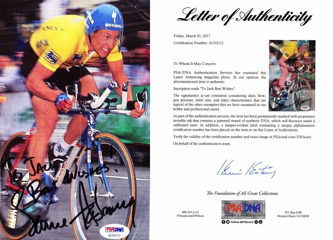 TO JACK - Lance Armstrong Signed Cycling 8x5 inch Magazine Photo Poster painting - PSA/DNA COA