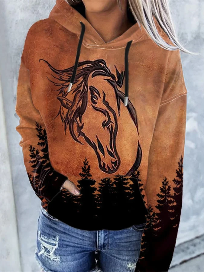 Vintage Horse Hooded Print Sweatshirt