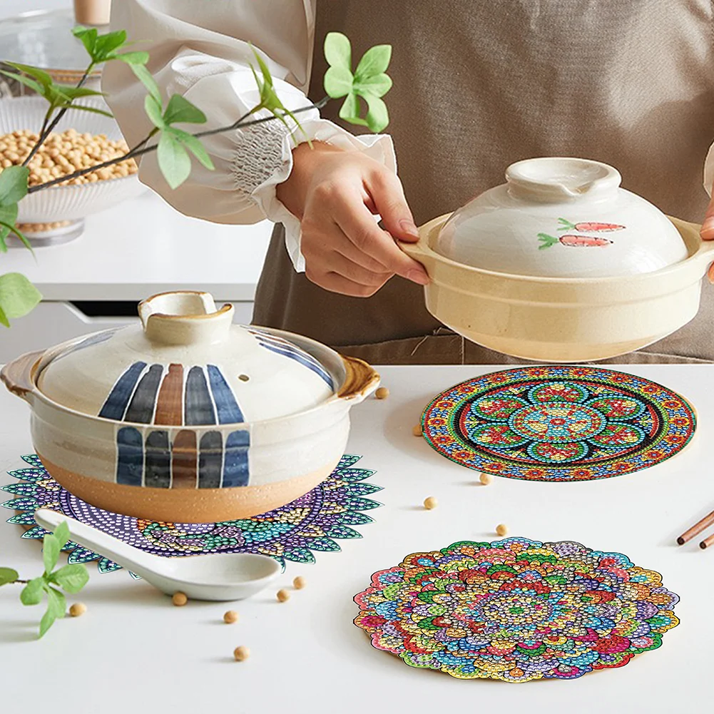 4pcs DIY Mandala Wooden Diamond Painted Placemats for Dining Table Decor(16*16cm)