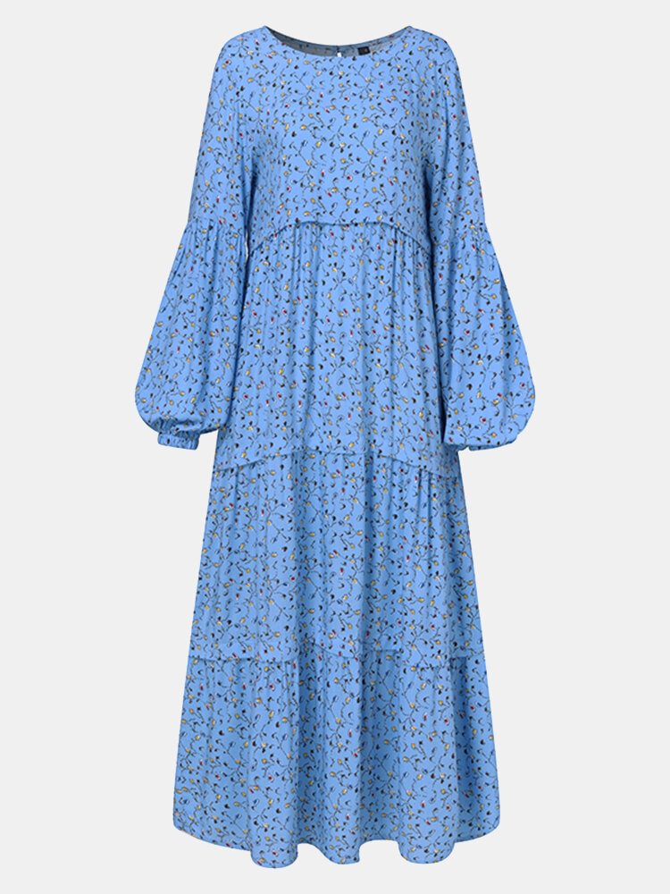 Women Ethnic Floral Print Patchwork Puff Long Sleeves O-neck Dress - Shop Trendy Women's Clothing | LoverChic