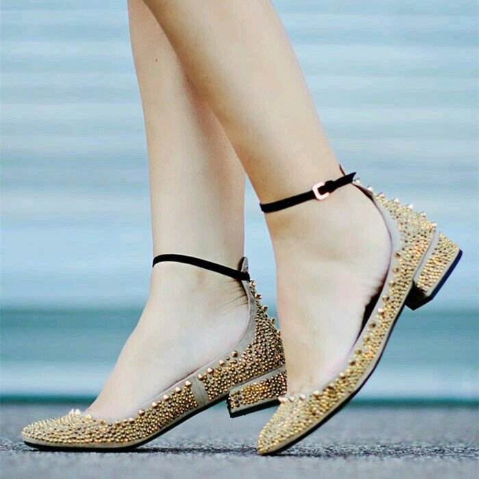 Gold Rivets Khaki Round Toe Flats Ankle Strap Studs Shoes |FSJ Shoes