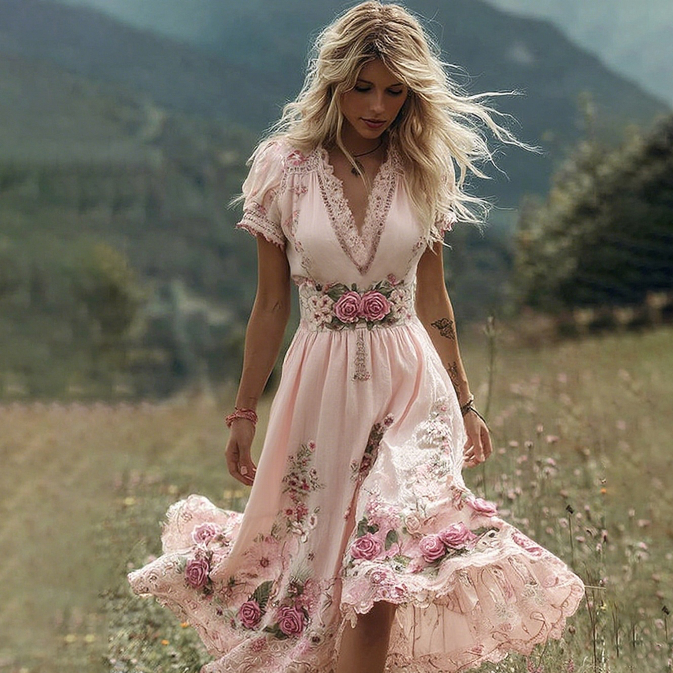Women's Vintage Rose Embroidery Art Comfy Linen Maxi Dress elevenforest