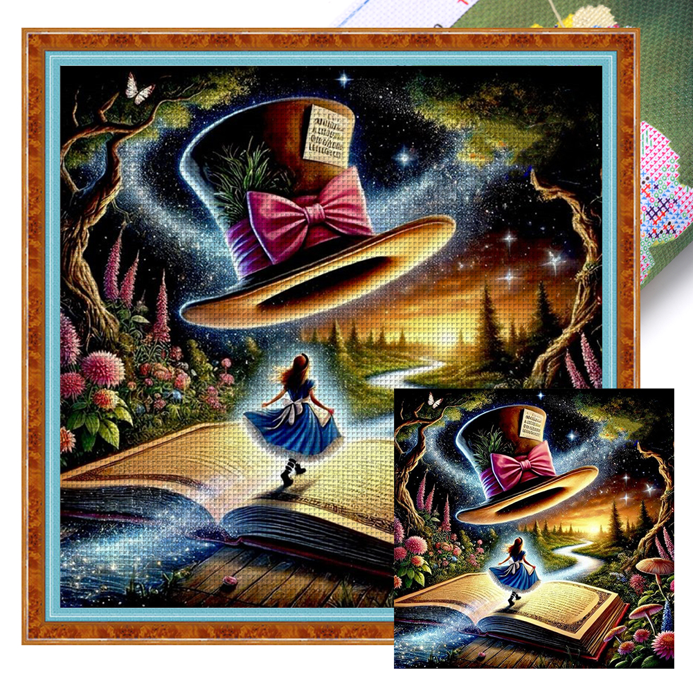 Alice And Hat In The Book Full 11CT Pre-stamped Canvas(50*50cm) Cross Stitch