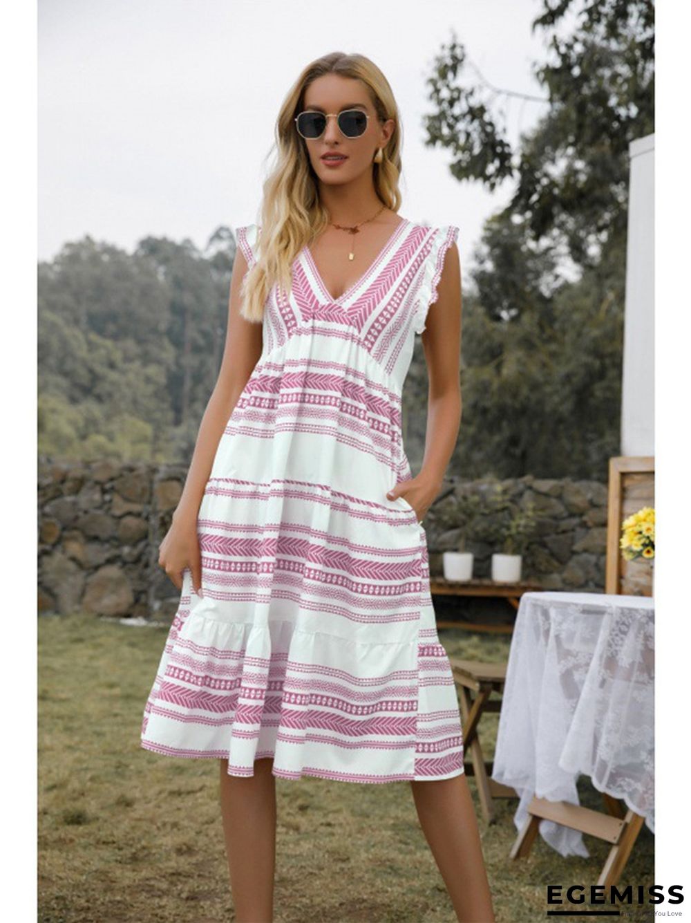 Bohemian V-neck Pocket Striped Dress | EGEMISS