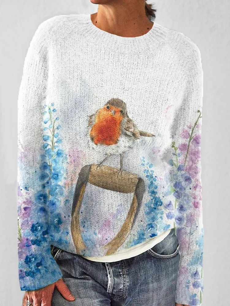 VChics Flower & Bird Print Cozy Knit Sweater