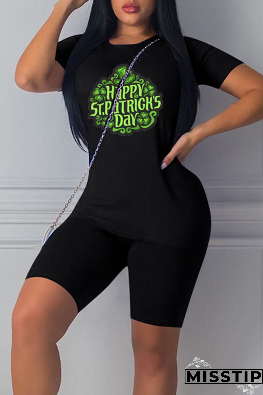 Black Casual Print Patchwork O Neck Short Sleeve Two Pieces