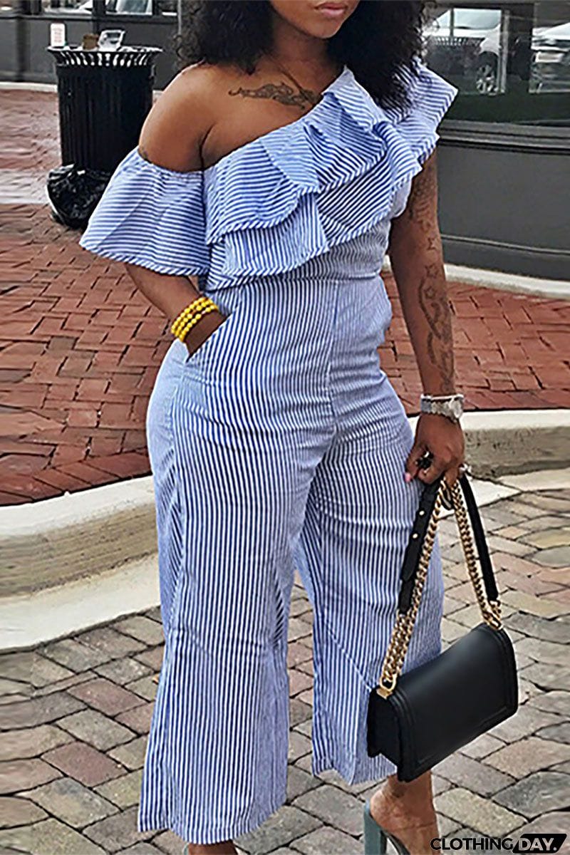 Casual Striped Patchwork Pocket Flounce Oblique Collar Regular Jumpsuits
