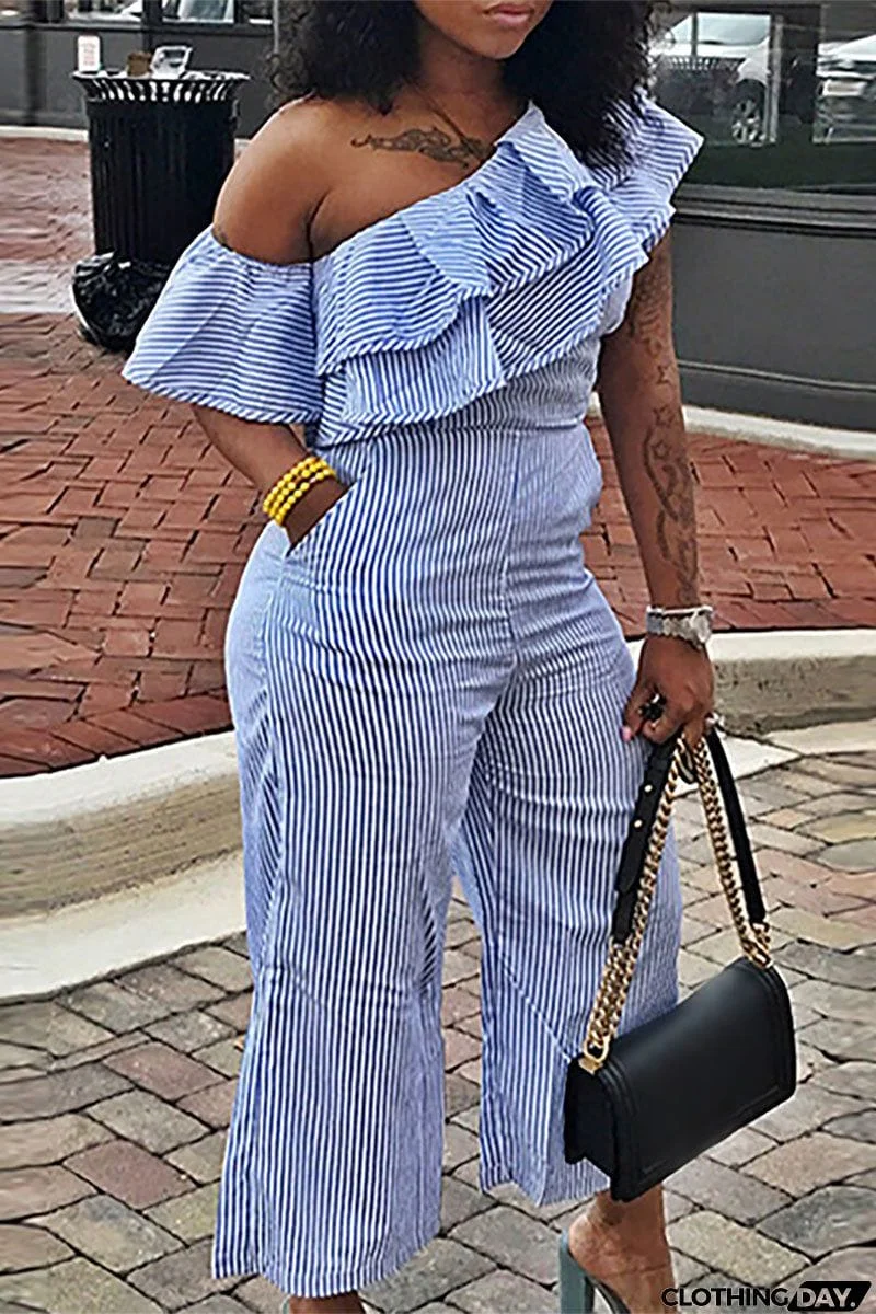 Casual Striped Patchwork Pocket Flounce Oblique Collar Regular Jumpsuits