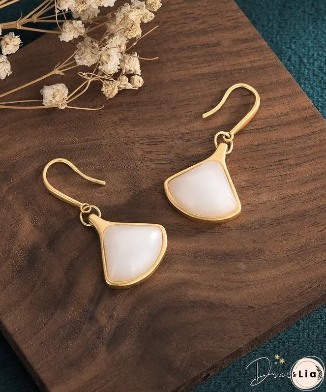 Stylish White Ancient Gold Jade Fan Shaped Drop Earrings
