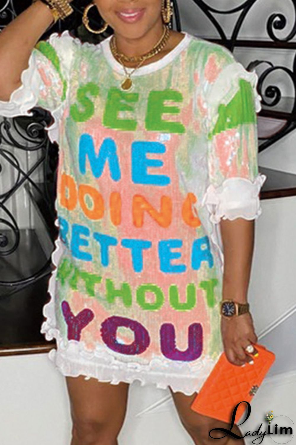 Black Fashion Casual Letter Print Sequins Patchwork O Neck Dresses