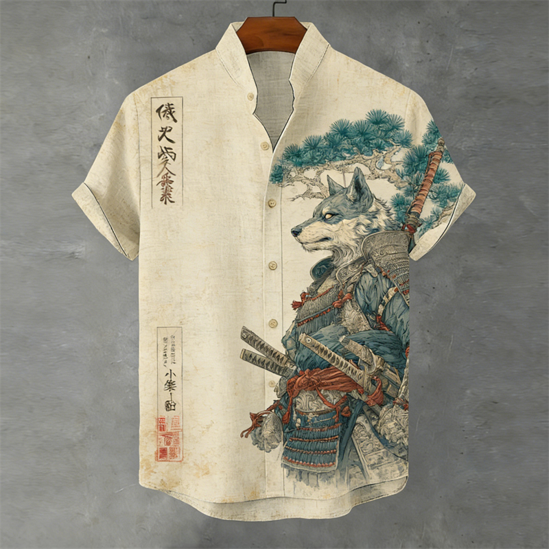 Japanese Wolf Samurai & Pine Trees Linen Shirt  artssus