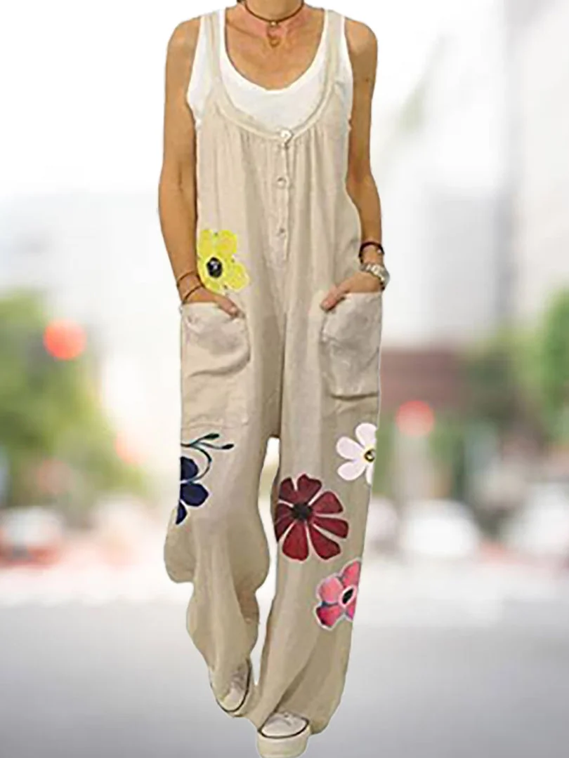 Women plus size clothing Women's Cotton Linen Sleeveless V-neck Overalls Pocket Elastic Band Button Jumpsuit-Nordswear