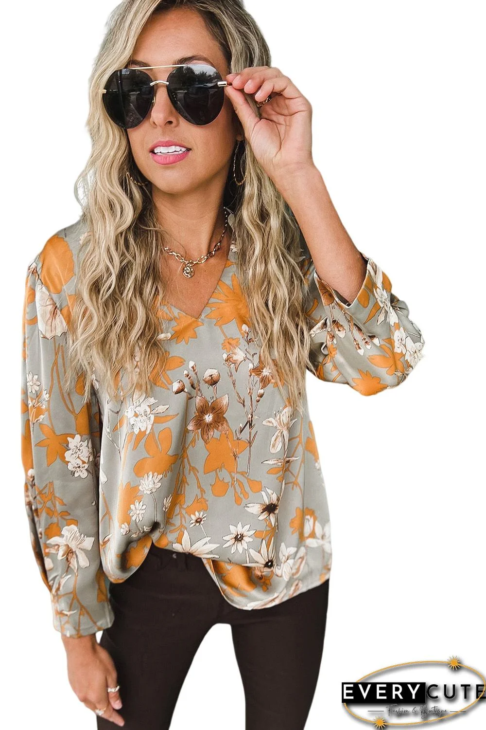 Green Floral Print Long Sleeve V Neck Blouse