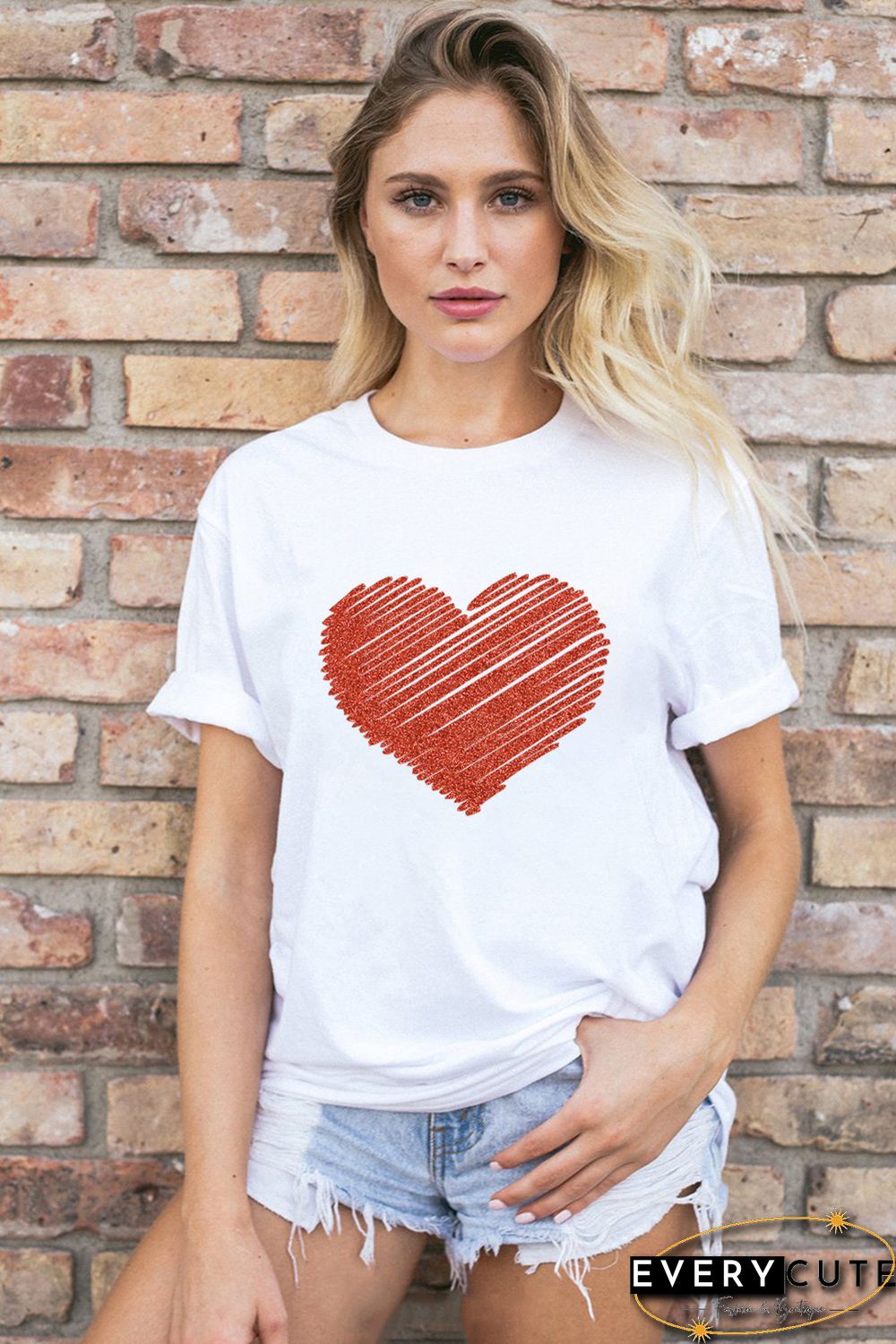 White Heart Shape Glitter Patter Print Short Sleeve T Shirt