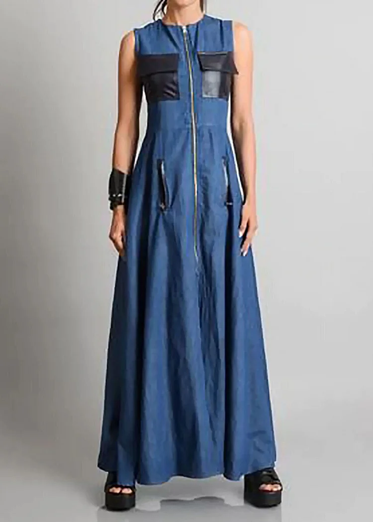 Italian Blue O Neck Zippered Patchwork Denim Maxi Dresses Sleeveless