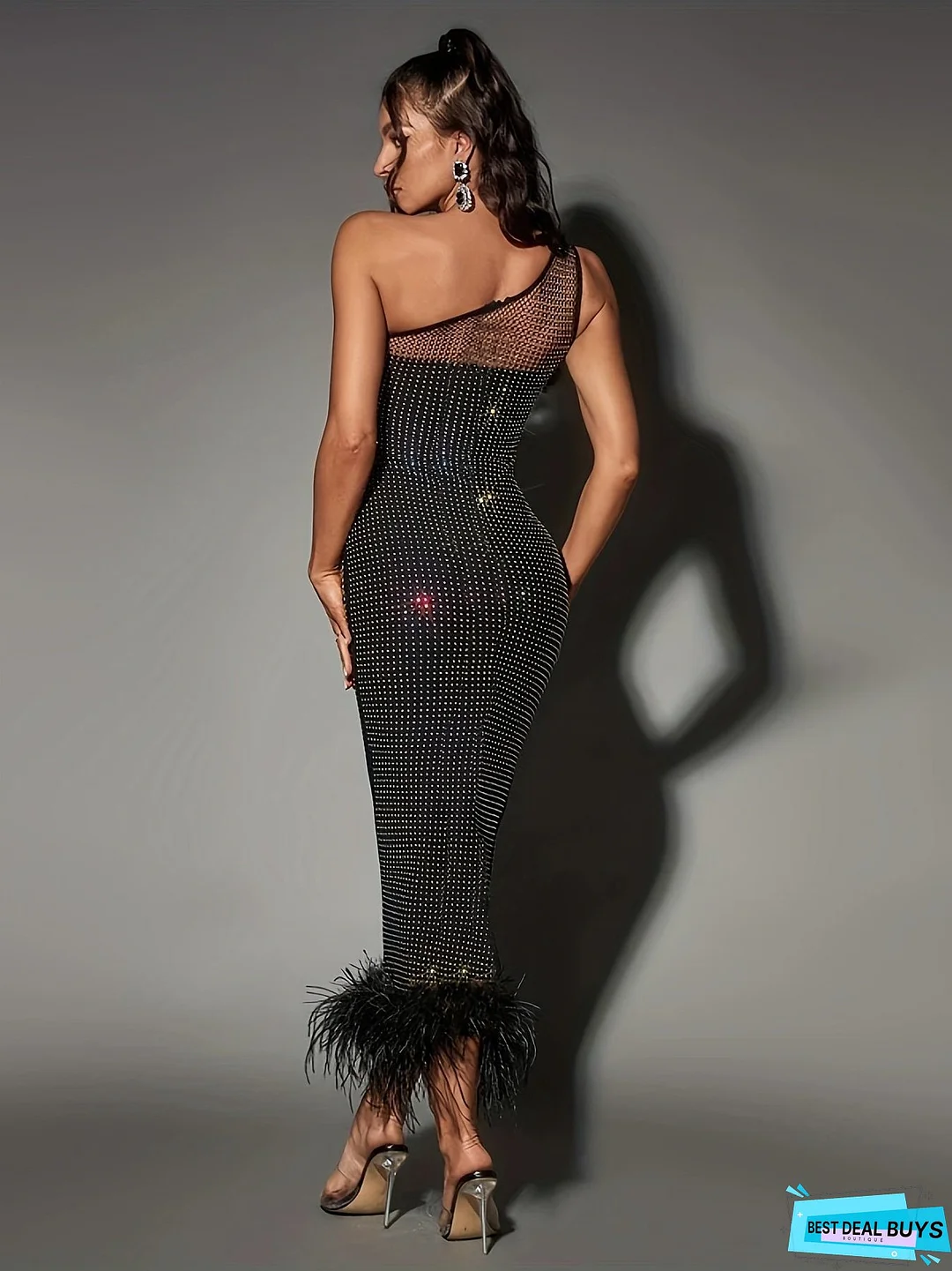 Sequin Mesh One Shoulder Dress, Elegant Sleeveless Dress For Party & Club, Women's Clothing