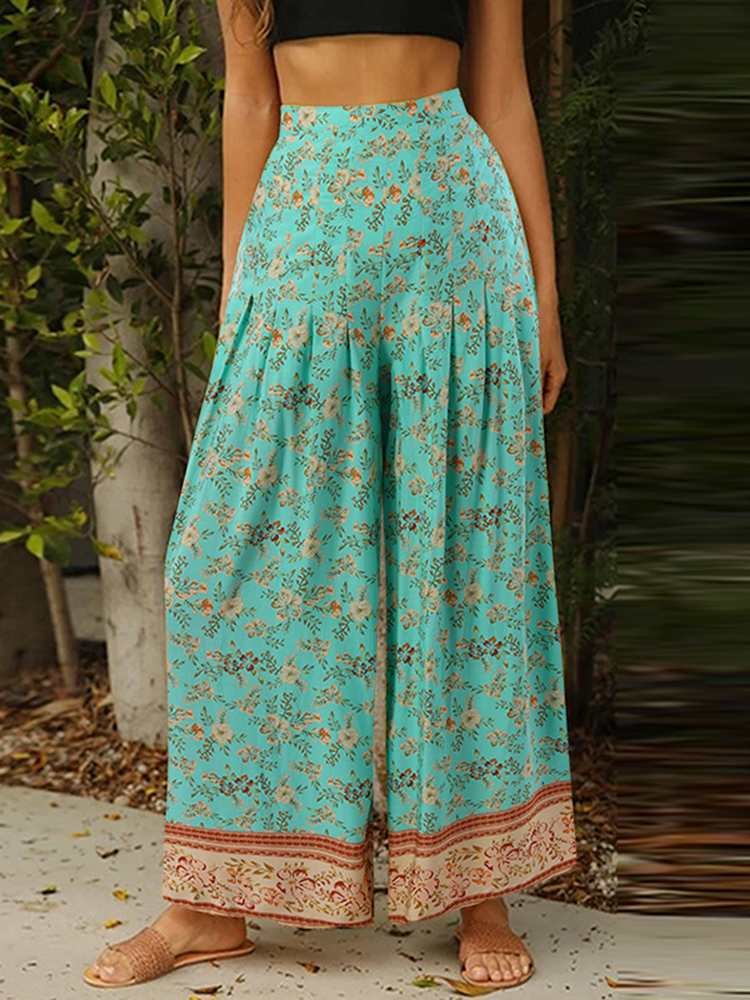 Celmia Bohemian Summer Wide Leg Trouser Loose 2022 Women Long Pants Elastic High Waist Pleated Casual Floral Printed Pantalon