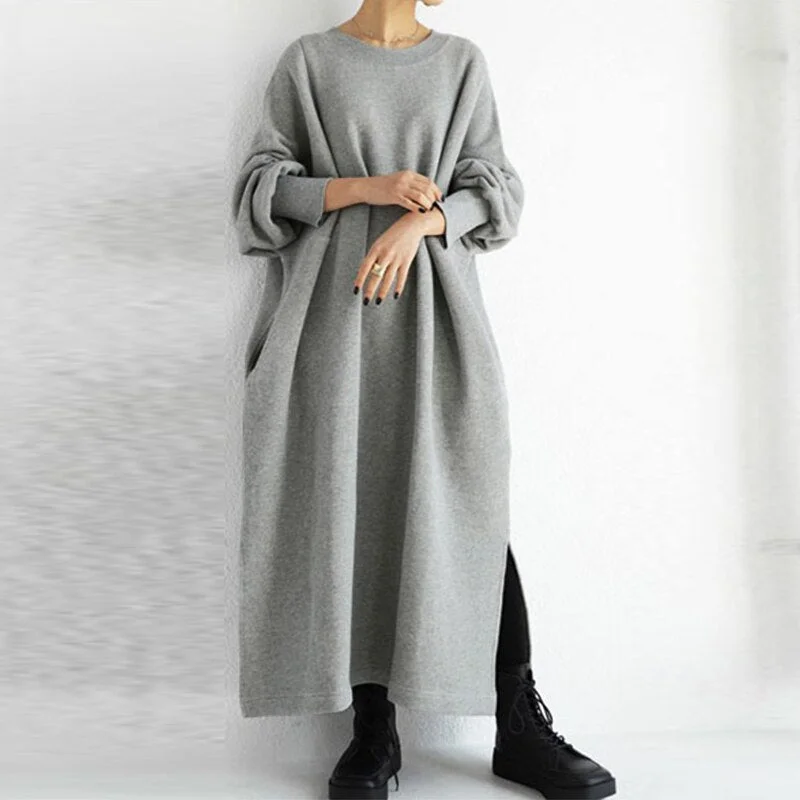 ZANZEA Autumn Winter Sundress Casual Long Sleeve Loose Sweatshirt Dress Split Hem Long Vestidos Solid Baggy Fleece Pullover
