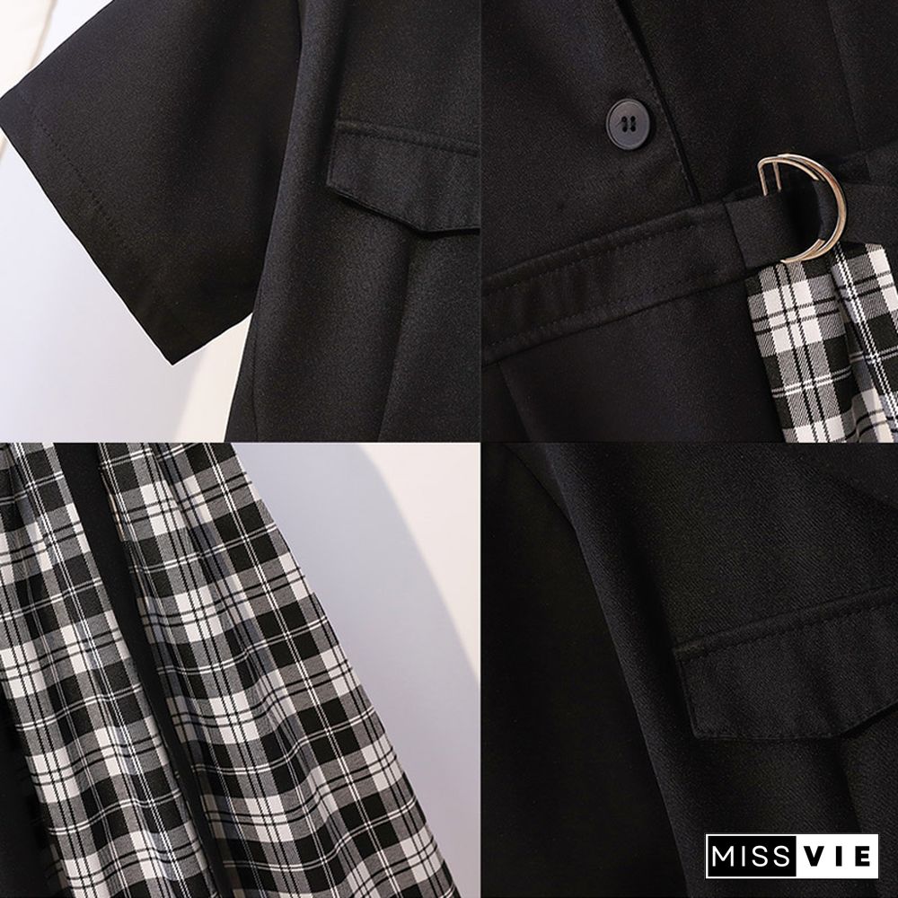 Belted Lapel Lattice Pleated Dress