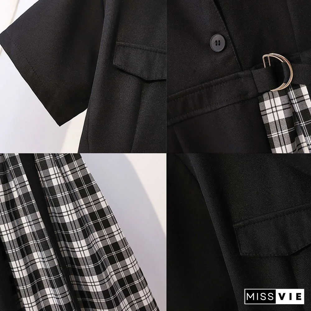 Belted Lapel Lattice Pleated Dress