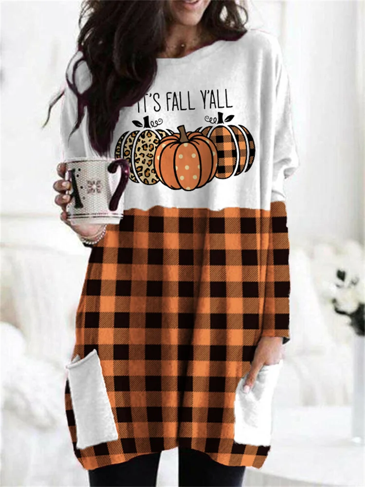 Vefave It's Fall Y'all Pumpkins Plaid Patch Pocket Tunic