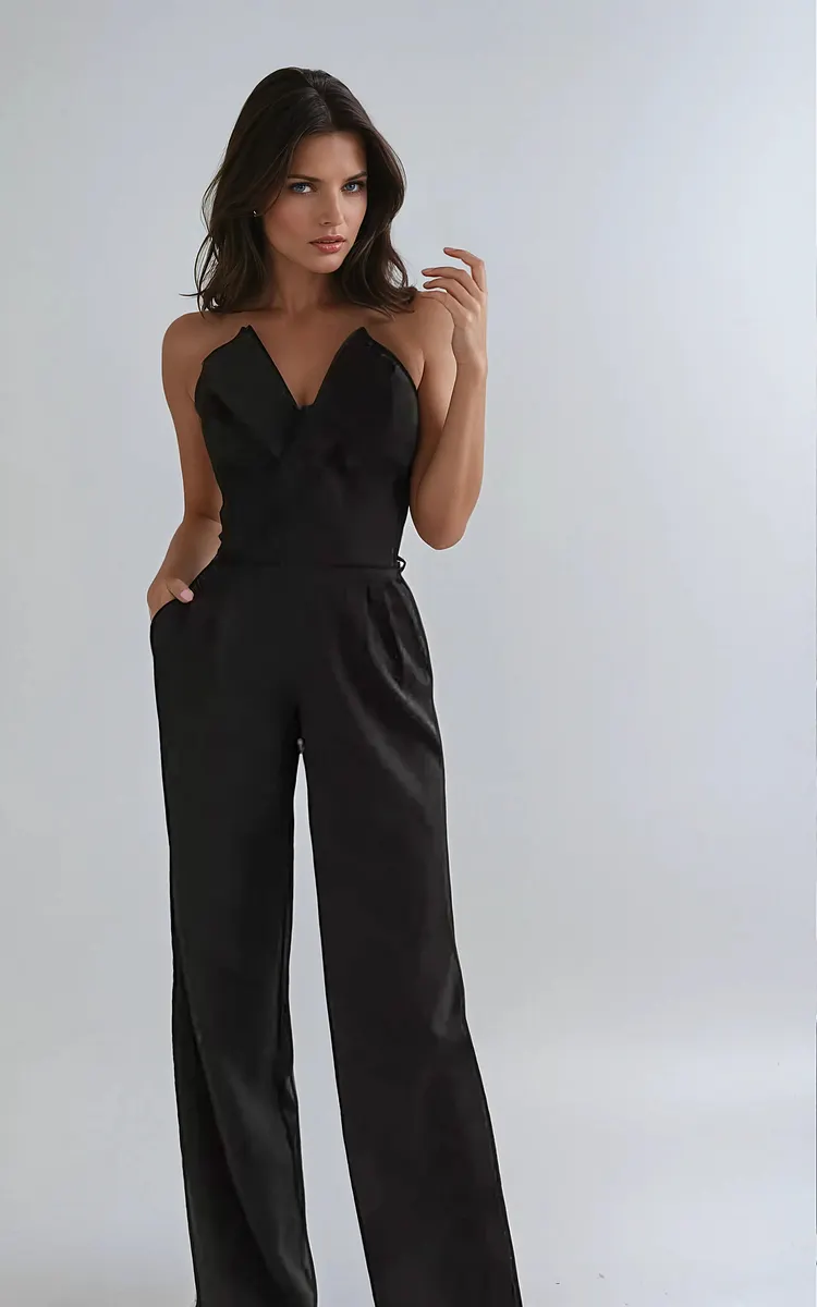 | Strapless Pleated Wide-Leg Jumpsuit