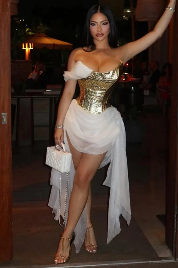 One Shoulder Ruched Mesh Metallic Finish Cinch Waist Gowns Mini Dresses-Gold